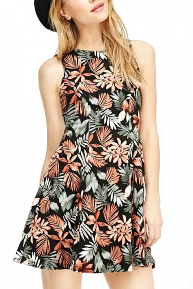 Floral and Leaf Sleeveless Round Neck Pleated Dress