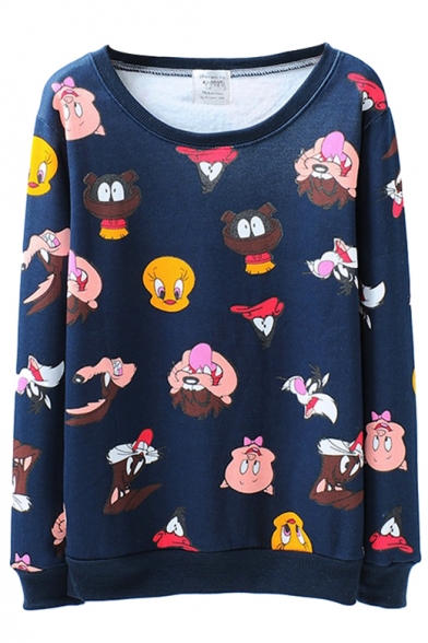 Full Of Cartoon Animal Print Round Neck Sweatshirt