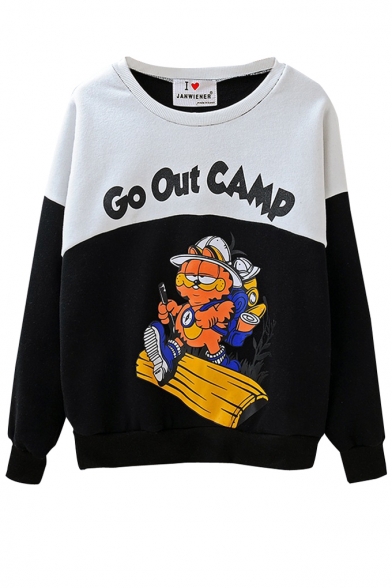 Garfield Cat Print Color Block Round Neck Sweatshirt In Loose Fit
