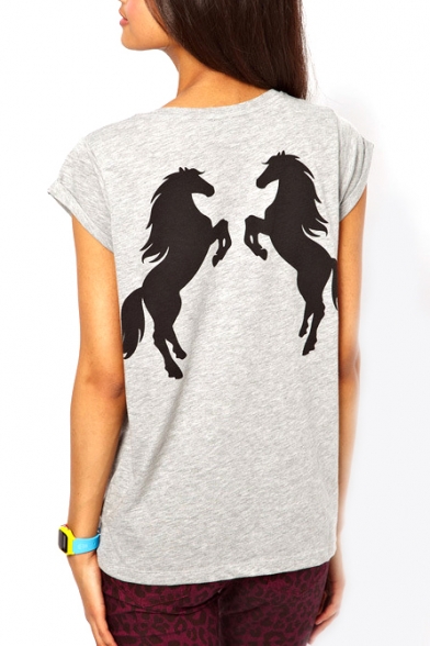 Gray Short Sleeve Double Horse Print T-Shirt