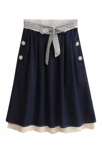 Lace Detail Belted Buttons Lace Crochet Hem Midi Skirt