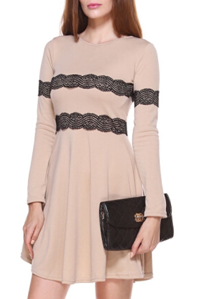 Lace Trimmed Round Neck Long Sleeve Flared Dress
