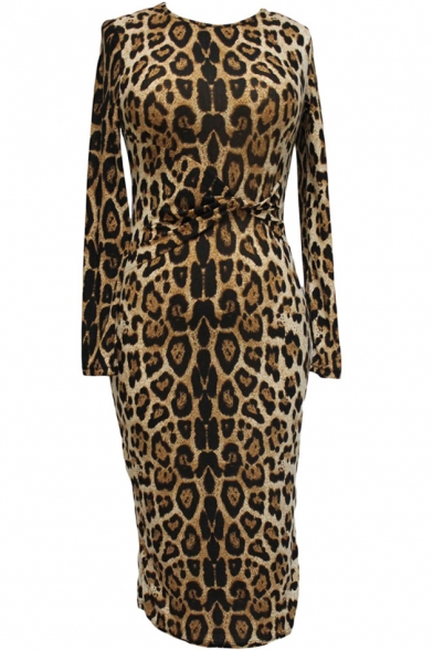 Leopard Print Pleat Waist Long Sleeve Fitted Pencil Dress