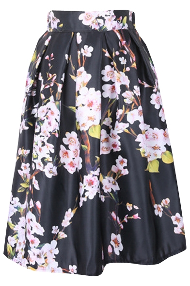 Peach Blossom Print Elastic Waist Pleated Skirt