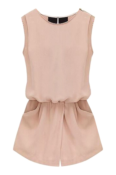 Pink Sleeveless Back Pockets Rompers