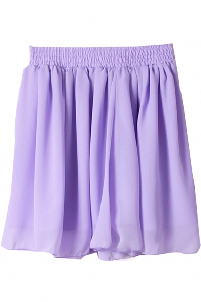 Purple Plain Elastic Waist Pleated Chiffon Skirt