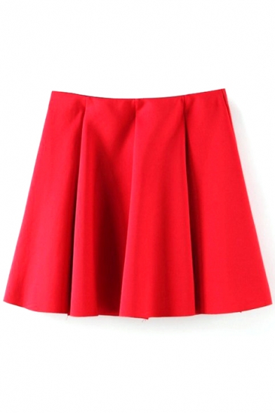 Red Plain Ruffle Hem Zippered Mini Skirt