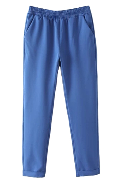 Royal Blue Plain Elastic Waist Casual Pants