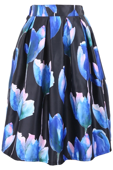 Tulip Print Elastic Waist Pleated Midi Skirt