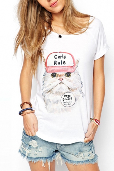 White Boat Neck Raglan Short Sleeve Cat Letter Print T-Shirt