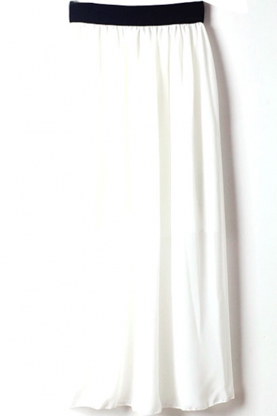 White Elastic Waist Chiffon Maxi Skirt