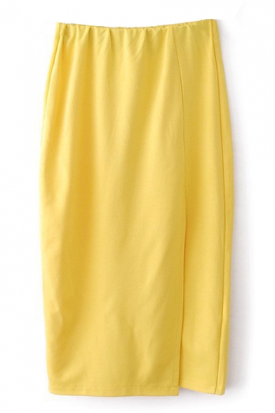 Yellow Plain Split Hem Midi Pencil Skirt