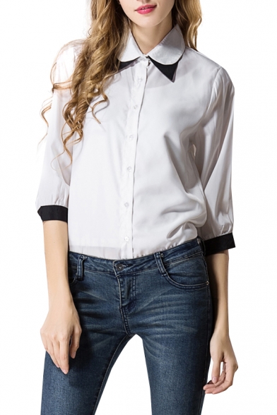 1/2 Sleeve White Point Collar Chiffon Shirt with Black Trim