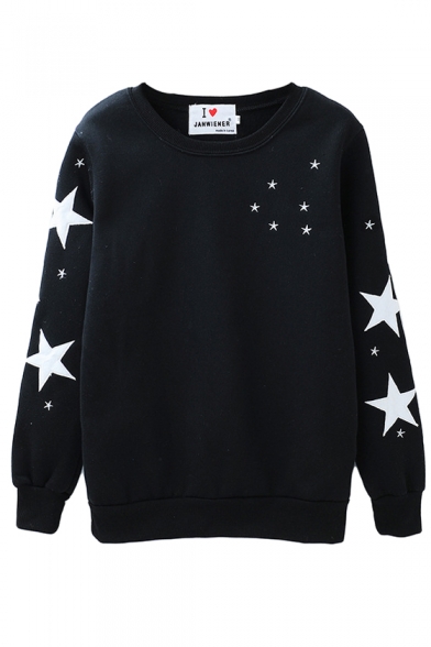Black Star Print Round Neck Sweatshirt with Velvet Inside