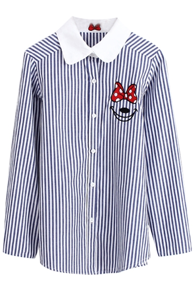 Blue-White Stripe Print Bow Smile Face Embroidered Shirt