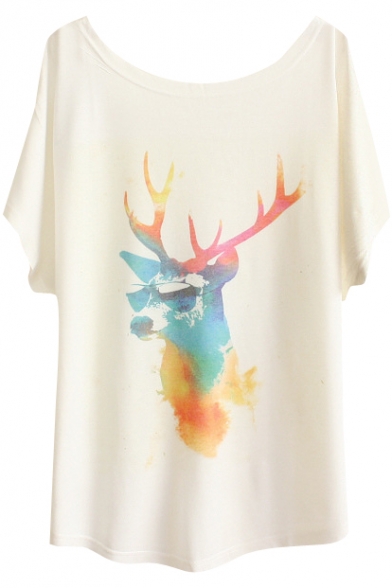 Color Block Style Deer&Tiger Print White Tee