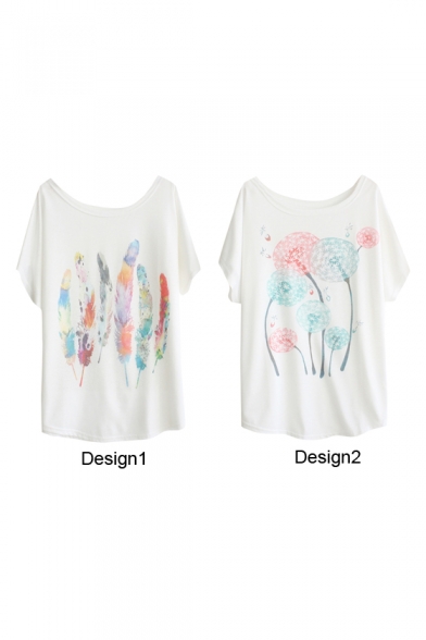 Colorful Feather&Dandelion Print White Tee