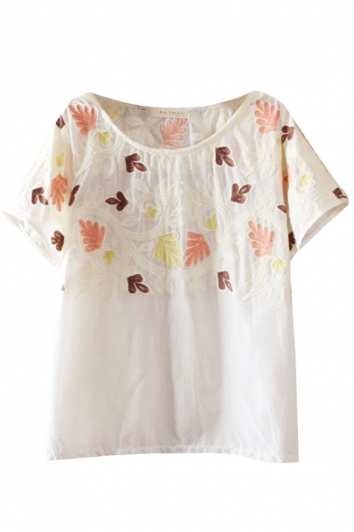 Embroidered Leaves Pattern Round Neck Crop Sheer Tee