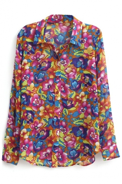 Fashion Colorful Flower Print Chiffon Shirt