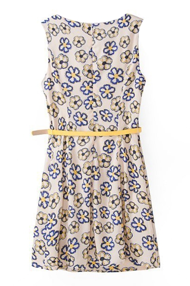 Floral Sleeveless Round Neck Belted Dress - Beautifulhalo.com