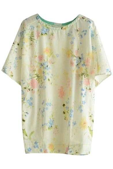 Fresh Floral Print Round Neck Short Sleeve Loose Top