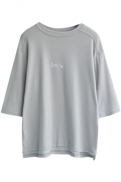 Gray 1/2 Sleeve Smile Print Loose T-Shirt