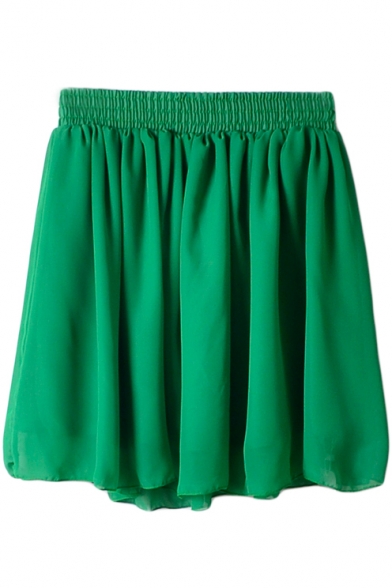 Green Elastic Waist Pleated Chiffon Skirt