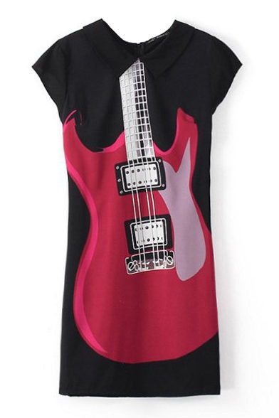 Guitar Print Lapel Short Sleeve Fitted Dress