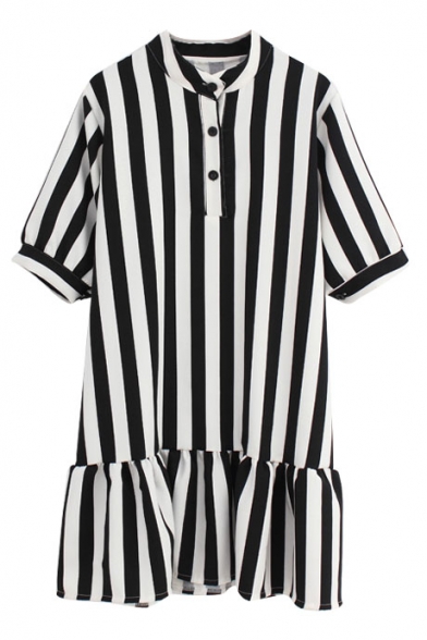 Half Button Fly Short Sleeve Vertical Stripe Ruffle Hem Chiffon Dress
