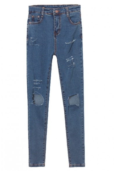 High Waist Stitch Detail Busted Knees Pencil Jeans