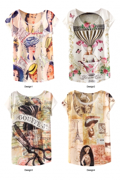 Lady Letter Print Round Neck Batwing Sleeve T-Shirt