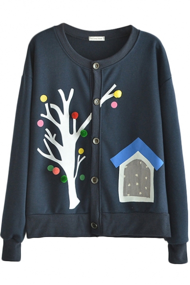 Mori Girl House&Tree Print Round Neck Button Fly Cotton Crop Coat