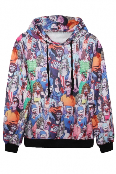 Scaring Zombie Print Hoodie with Drawstring Waist Shorts