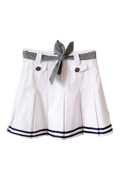 Stripe Hem Belted Buttons Pleated Mini Skirt
