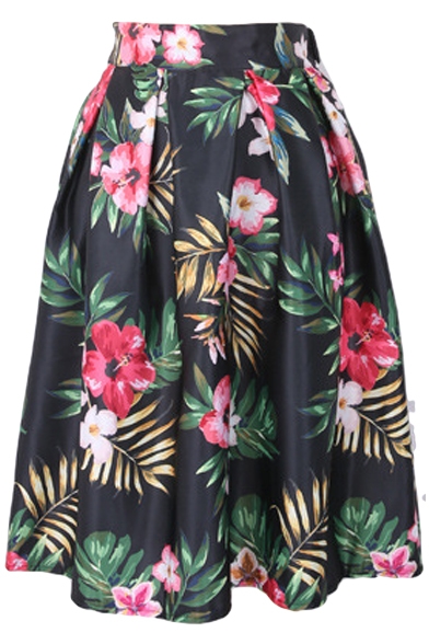 Tropical Flower Print Elastic Waist Pleated Midi Skirt