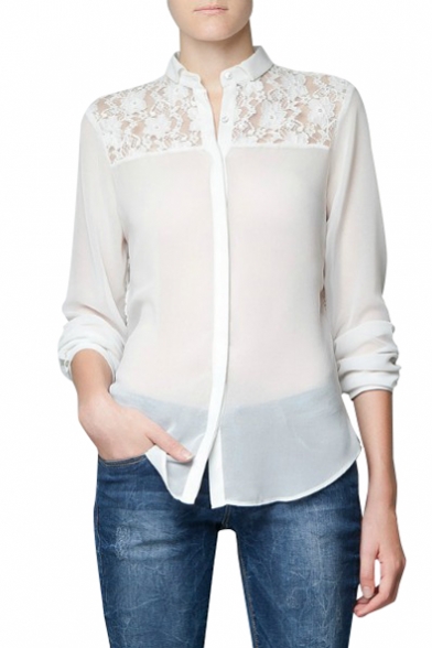 White Lace Inset Shoulder&Back Stand Collar Chiffon Shirt