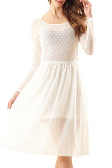 White Round Neck Long Sleeve Lace Inserted Mesh Dress