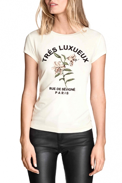 White Short Sleeve French Letters&Flower T-Shirt - Beautifulhalo.com