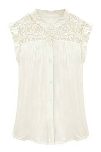 White Sleeveless Lave Flower Cutout Panel Shirt