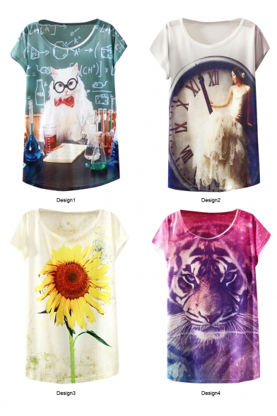 Animal Floral Character Print Round Neck Tee in Loose Fit