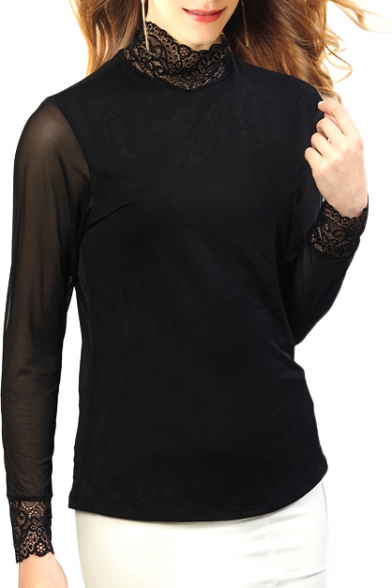 Black High Neck Lace Inserted Long Sleeve Top