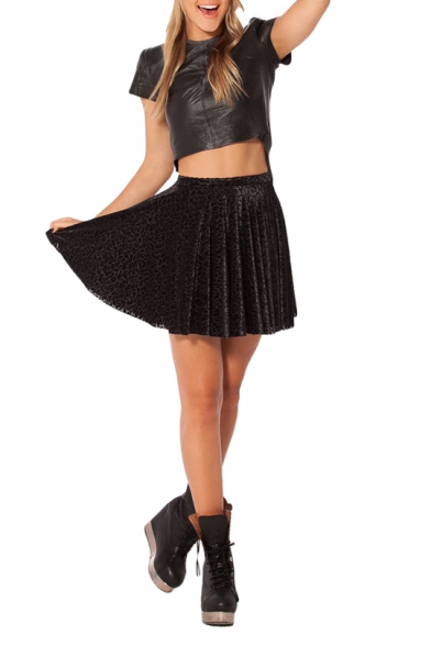 Black Leopard Pattern Skater Skirt