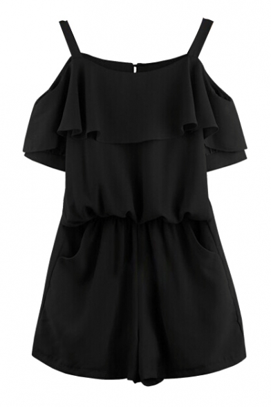 Black Off-the-Shoulder Strap Ruffle Layer Chiffon Rompers