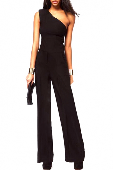 Black Sleeveless One Shoulder Fitted Jumpsuits