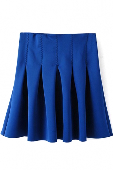 Blue Plain Pleated A-Line Mini Skirt