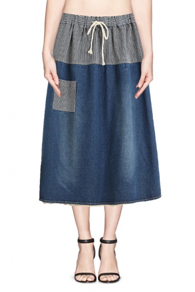 Color Block Elastic Waist Stripe Print Midi Denim Skirt