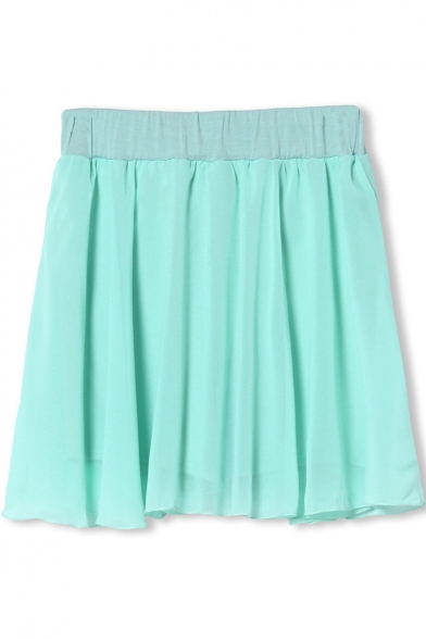 Green Chiffon Elastic Waist A-Line Pleated Skirt