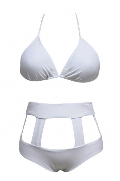 Plain White High Waist Open Front Bikini Set