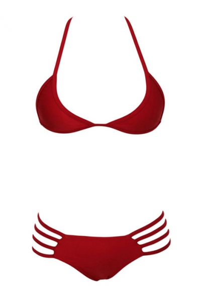 Red Belted Cutout Plain Triangle Bikini Set