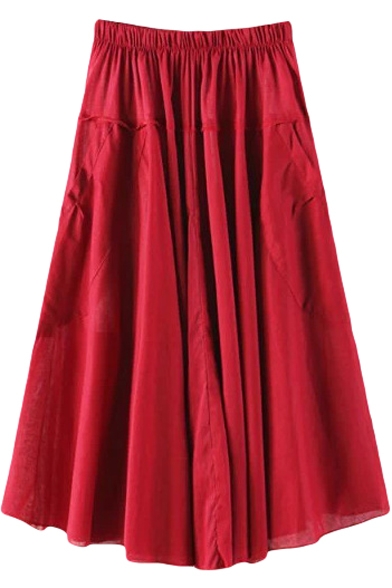 Red Double Pockets A-line Midi Skirt